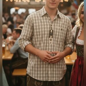 Trachten Men's Beige Plaid Button-Up Shirt Rustic Countryside Heritage Bavarian